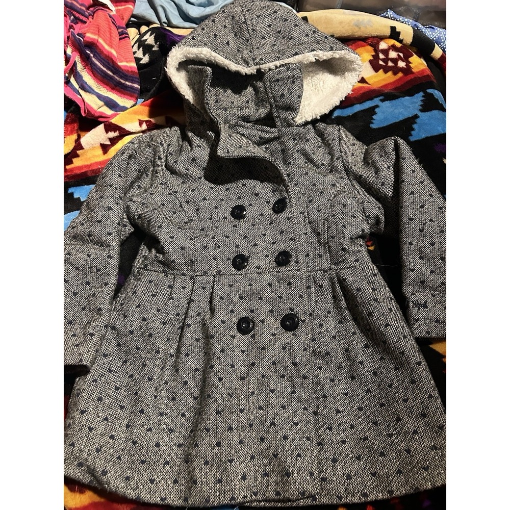 OshKosh B'gosh Girls Size 5 Gray Navy Polka Dot Hooded Peacoat Faux Fur Coat